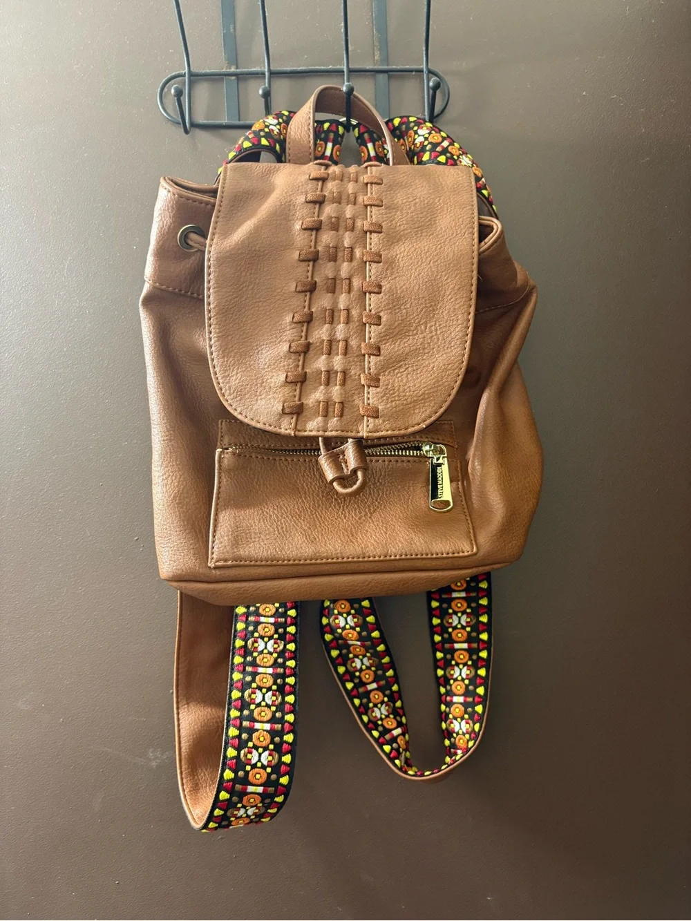 Steve Madden Brown Faux Leather Drawstring Backpack with Embroidered Straps